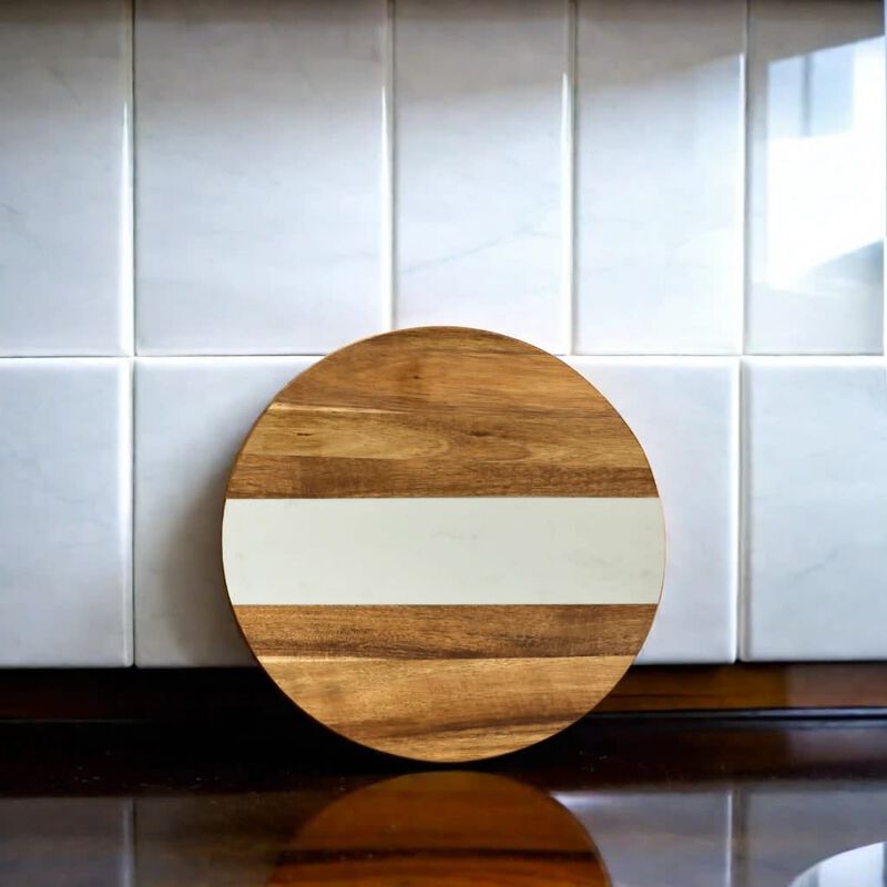 White Marble and Acacia Wood Round Board - 11"
