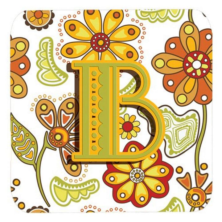 Caroline's Treasures CJ2003-BFC Letter B Floral Mustard and Green Foam Coasters (Set of 4), 3.5, Multicolor
