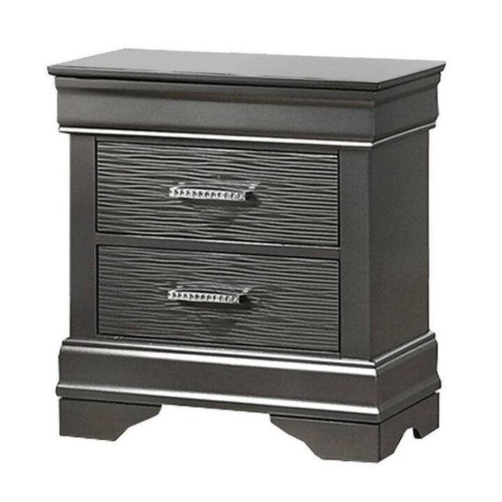 Jean Nightstand, 2 Drawers, Curved Frame, 24 Inch Dark Gray Solid Wood - Benzara
