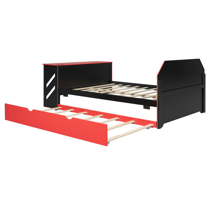 Merax Full Size Gaming Daybed with Twin Trundle, Work Desk, USB Port & Cable Hole