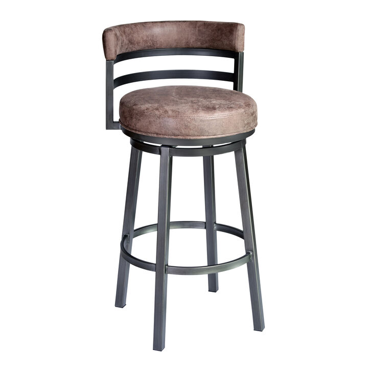Eva 26 Inch Swivel Counter Stool, Vegan Leather, Curved Back, Washed Brown - Benzara