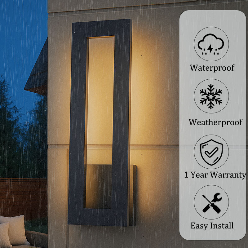 H20'' Modern Outdoor Integrated LED Wall Light 24W Matte Black Linear Exterior Sconce with Frosted Acrylic Shade Up/Down Wall Mount for Porch Patio Garage Entryway image number 5
