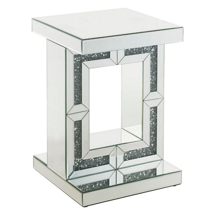 Accent Table with Open Geometric Base and Acrylic Diamond Inlay, Silver-Benzara