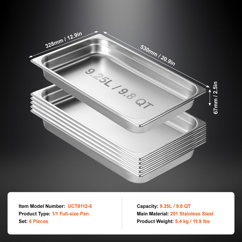 VEVOR 6 Pack Full Size Hotel Pans Steam Table Pan Stainless Steel 2.5" Deep