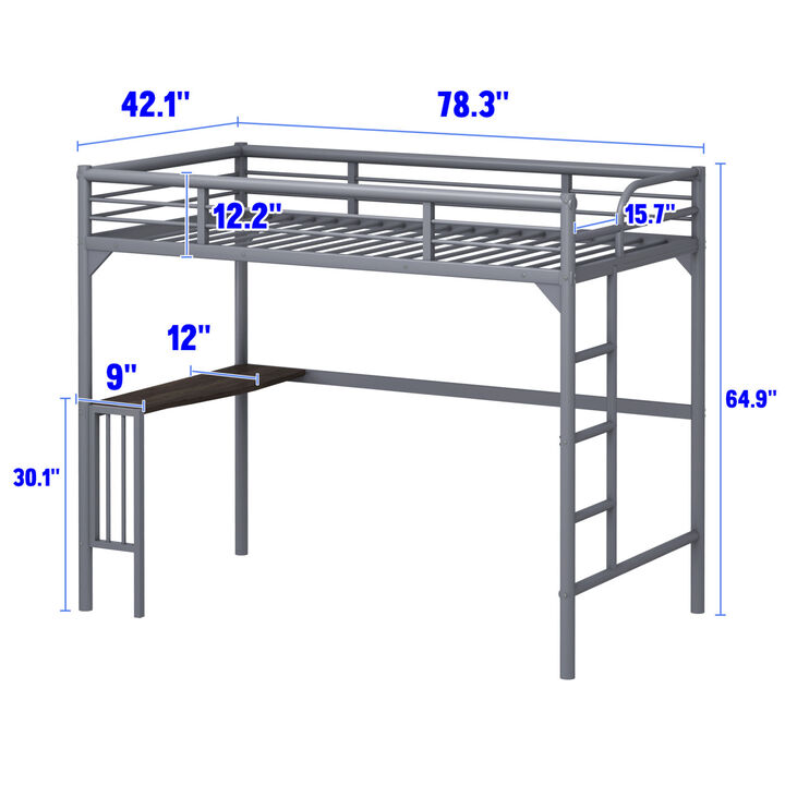 Twin Metal loft Bed with Desk, Ladder and Guardrails, bookdesk under bed, Silver