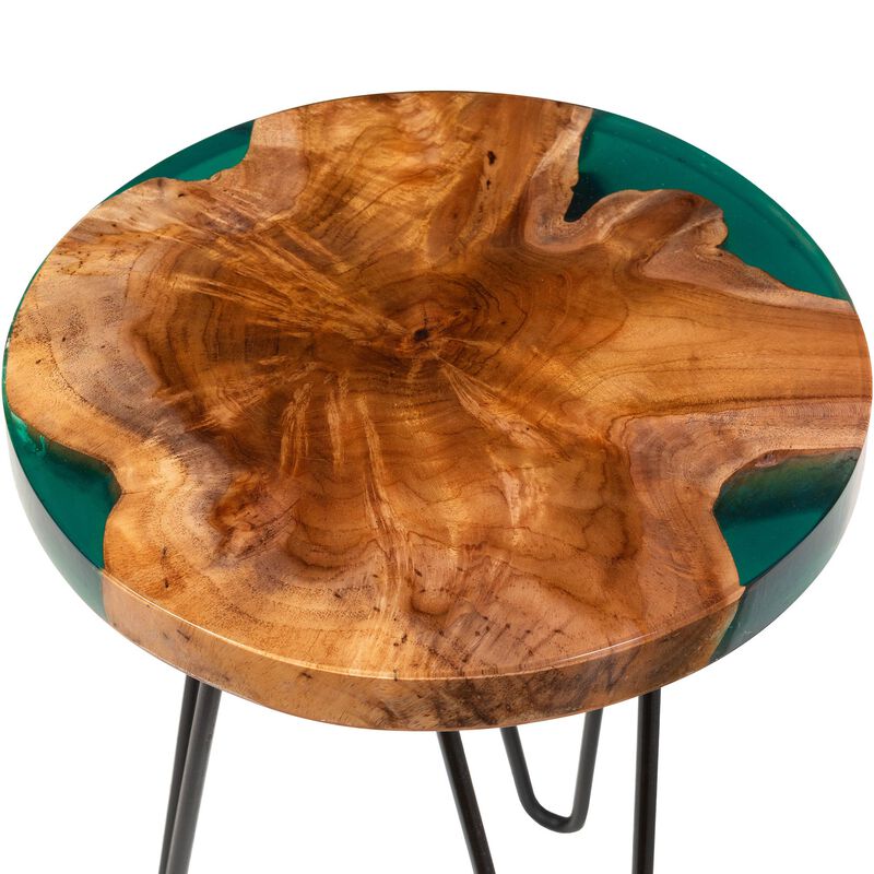 bali & pari Anan Teak Wood Epoxy Resin End Table - Round Live Edge Side Table with Black Metal Legs, Handcrafted Modern Rustic Accent Table for Living Room or Bedroom, Round