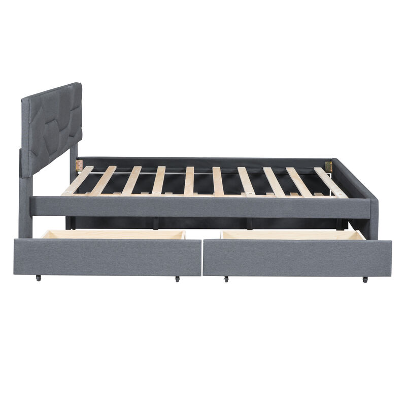 Merax Upholstered Platform Bed with Brick Pattern Headboard, with Twin XL Size Trundle and 2 drawers, Linen Fabric