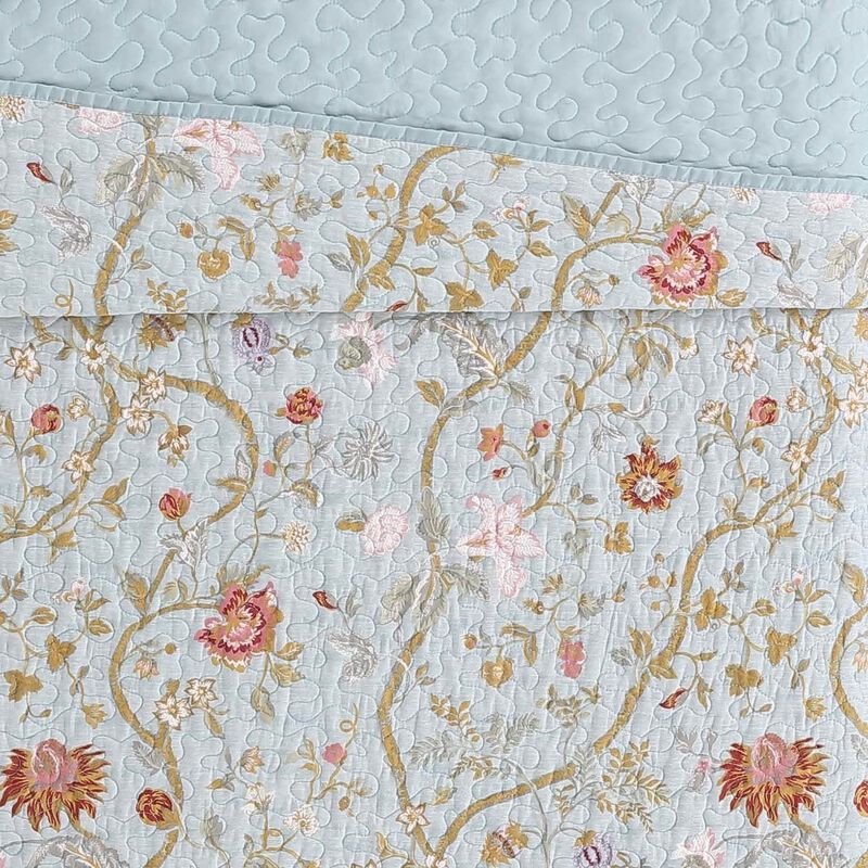 Hivvago King size 3 Piece Farmhouse Blue Teal Floral Vines Cotton Reversible Quilt Set