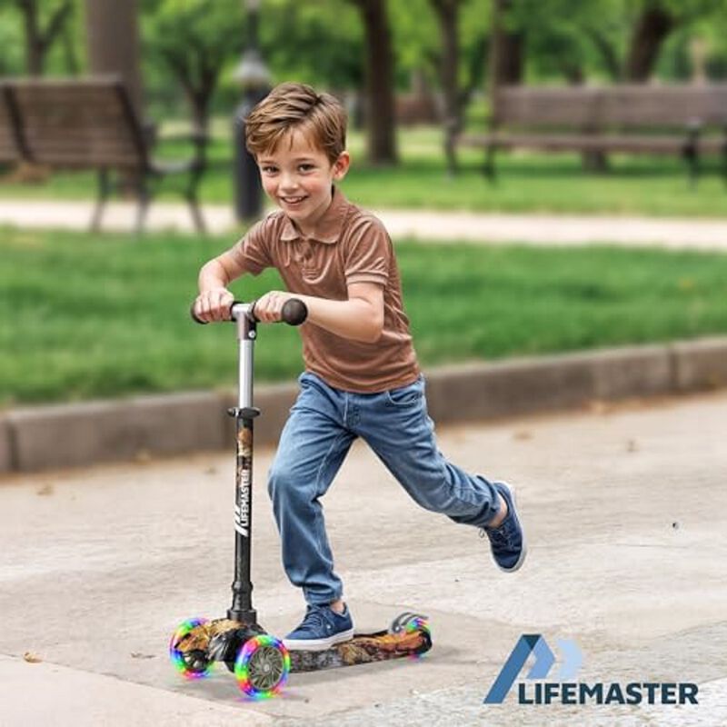 Lifemaster Mini 3-Wheel Kids Scooter with Multi-Color Wheel Lights &ndash; 4-Height Adjustable Handlebar, Wide Anti-Slip Deck, Child Safety Certified, Boys & Girls Ages 2+ Supports Up to 110 lbs, Real Tree image number 2