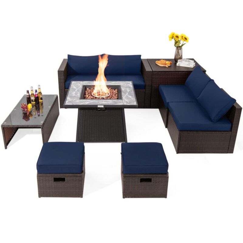 Hivvago 9 Pieces Patio PE Wicker Sectional Set with 50000 BTU Fire Pit Table