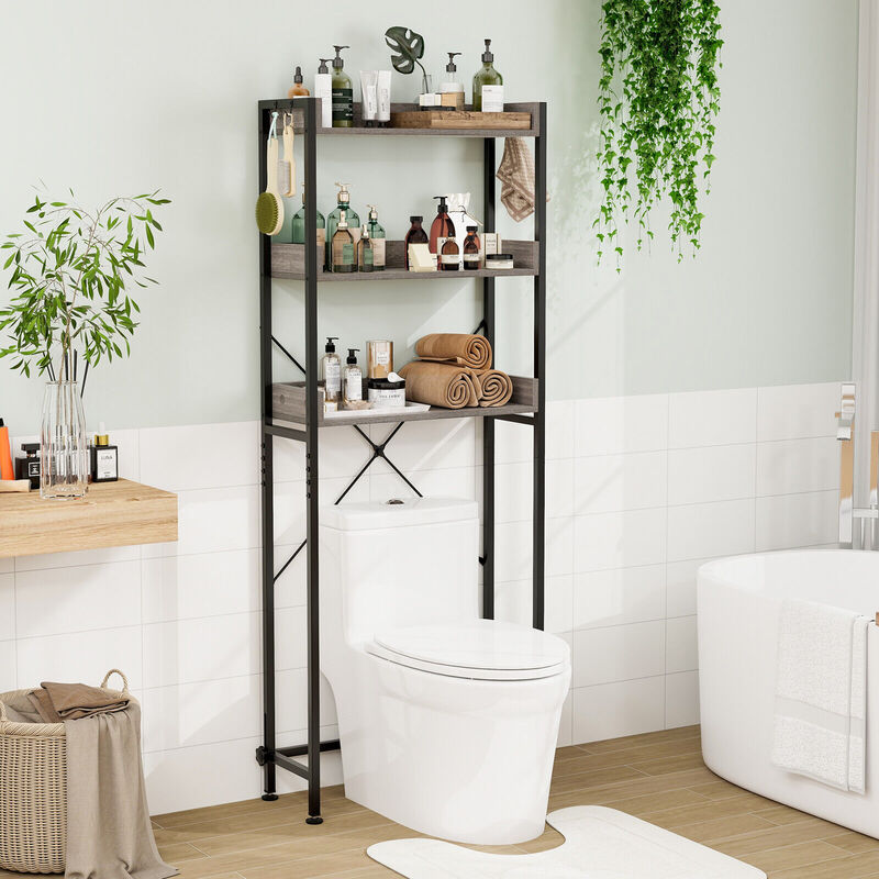 Over The Toilet Storage Rack with Hooks and Adjustable Bottom Bar