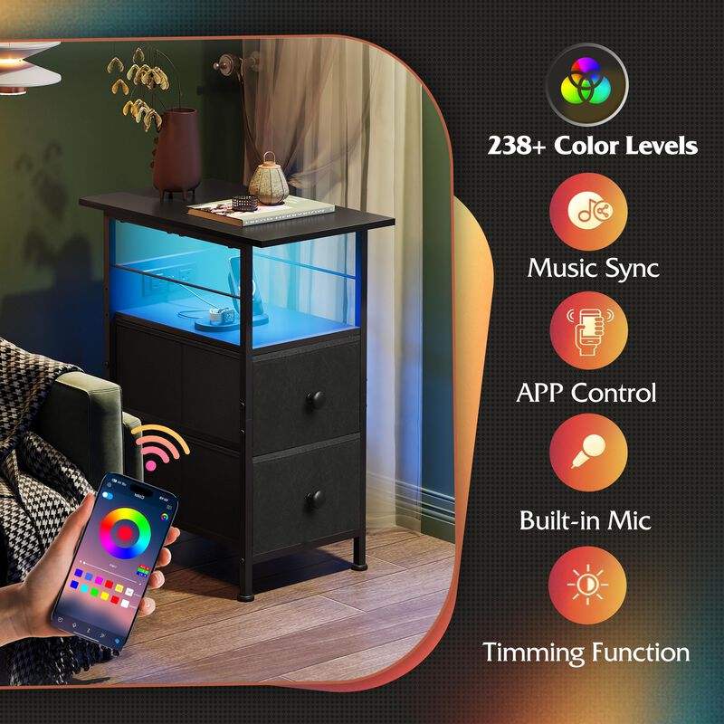 WLIVE Narrow Side Table with Charging Station, End Table with LED Light, 2 Fabric Drawers and Open Shelf, Black Bedside Tables L