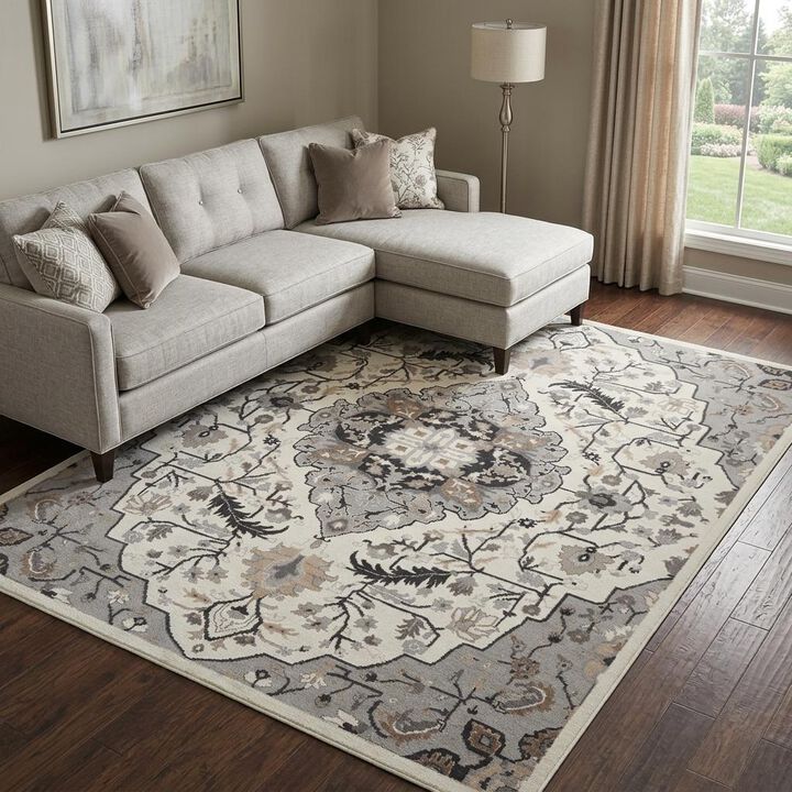 HomeRoots 9' X 12' Ivory Black and Gray Floral Medallion Non Skid Area Rug