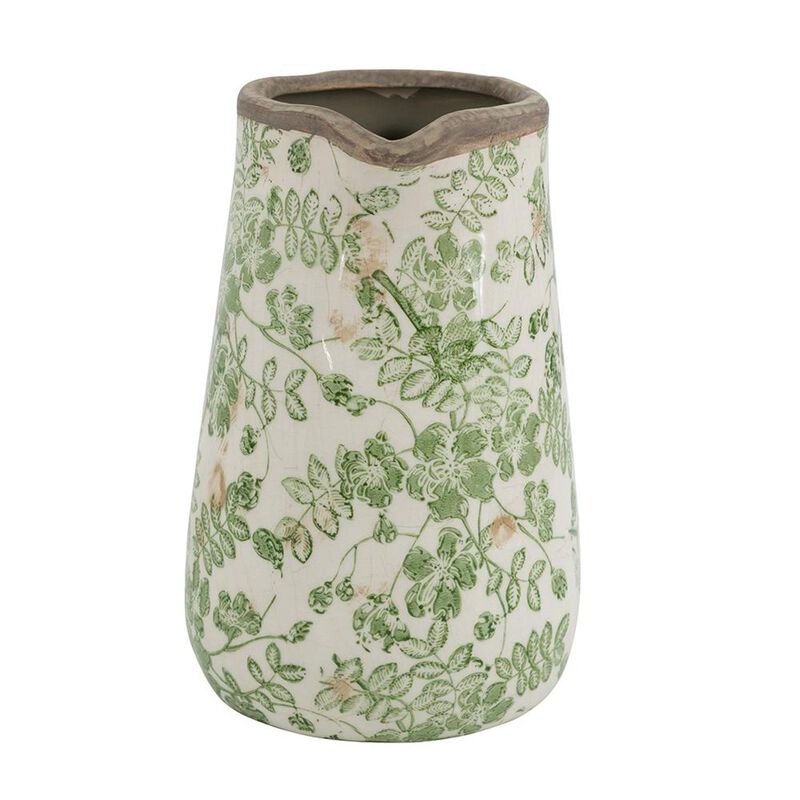 HomeRoots 7" Green And White Leaf Ceramic Round Jug Vase image number 2