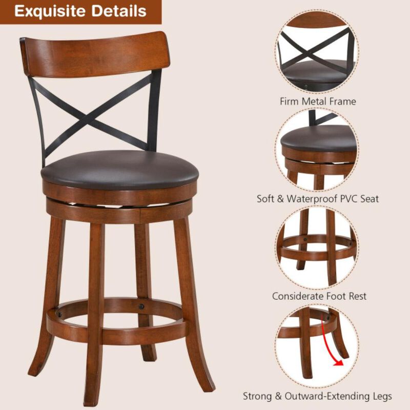 Hivvago Set of 2 Bar Stools 360-Degree Swivel Dining Bar Chairs with Rubber Wood Legs