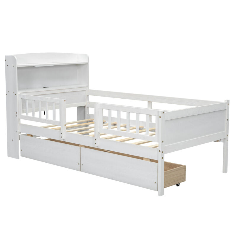 Whisen Wood Twin Size Platform Bed with Built-in LED Light, Multi-functional Headboard, Guardrail and 2 Drawers image number 3