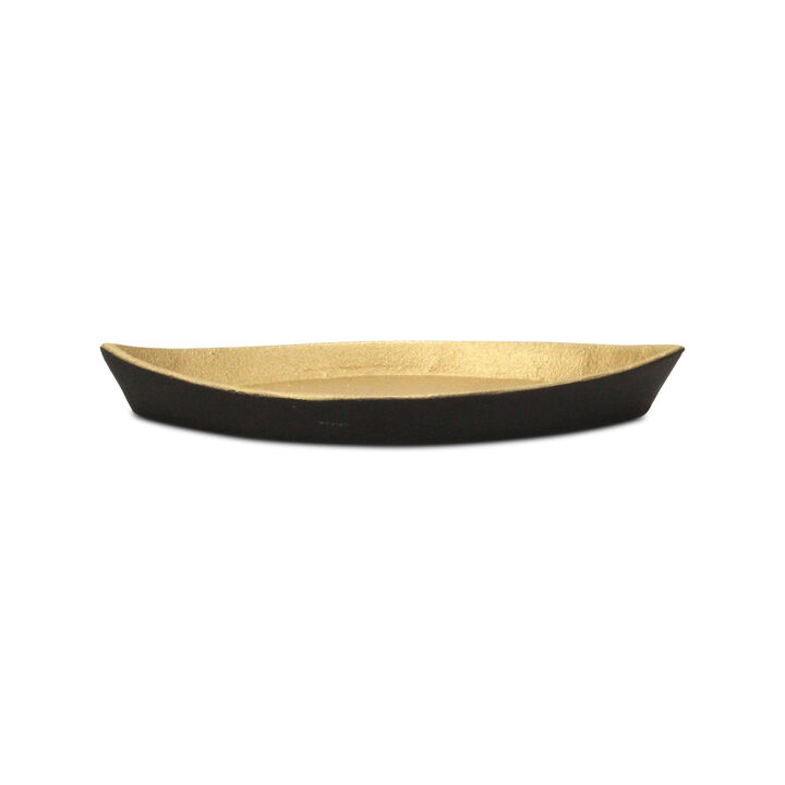 HomeRoots 10" Black And Gold Cast Iron Oval Boat Shaped Tray