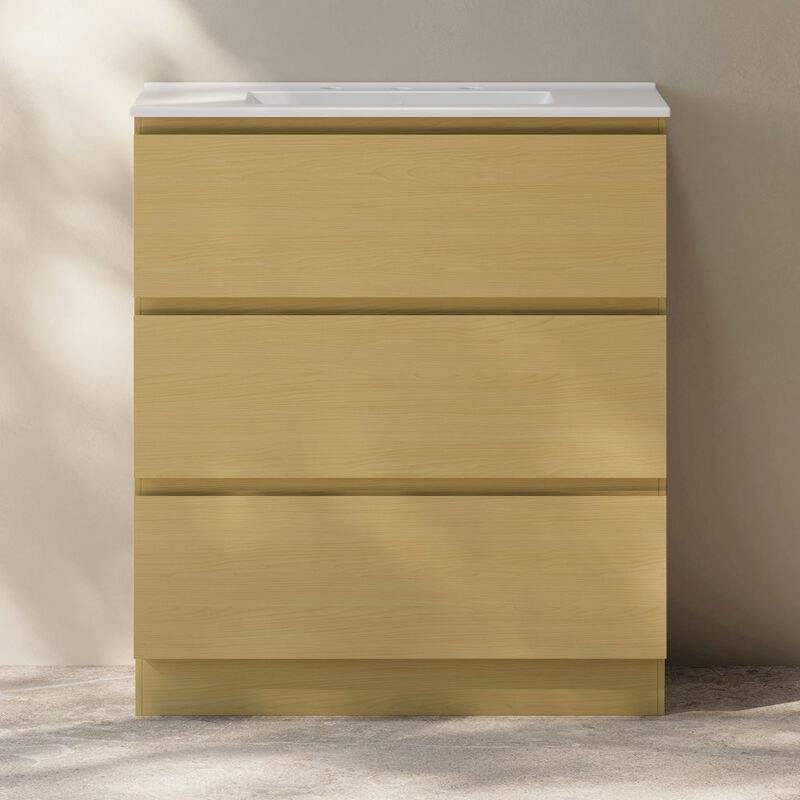 30" Freestanding Bathroom Vanity in Natural Oak with 3-Hole Widespread Sink Top image number 1