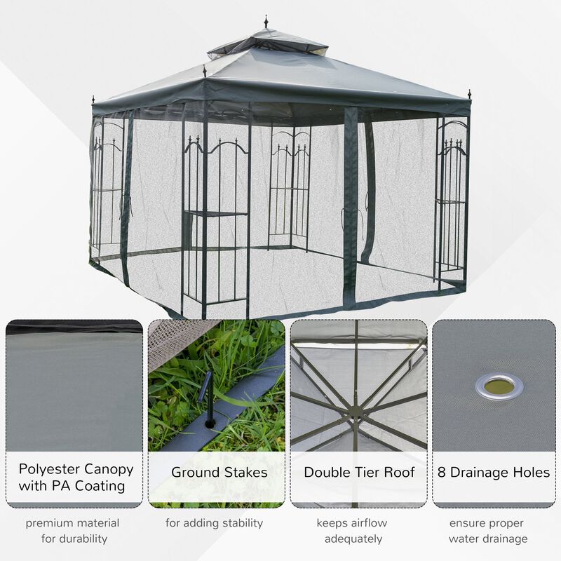 10' x 10' Steel Outdoor Patio Gazebo Canopy with Removable Mesh Curtains, Display Shelves, & Steel Frame, Grey