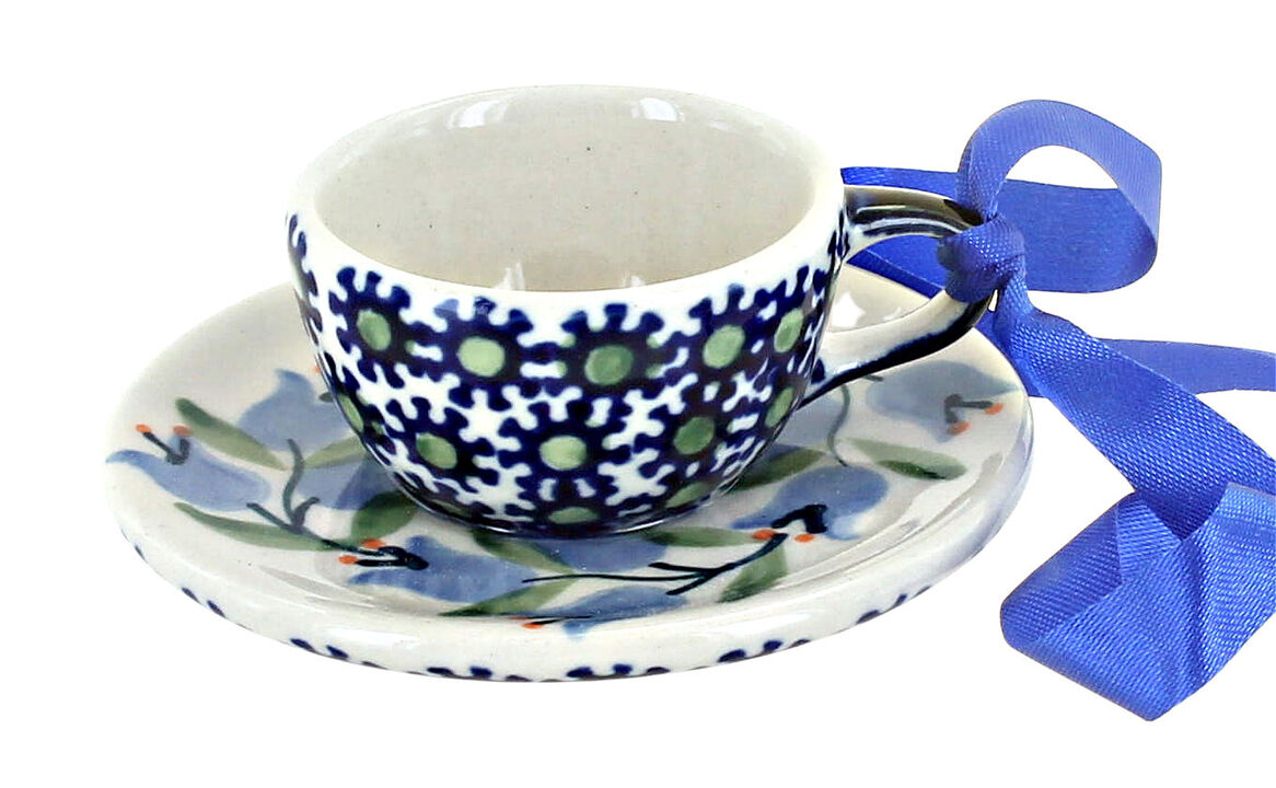 Blue Rose Polish Pottery Tulip Cup & Saucer Ornament