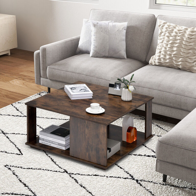 2 Tiers Square Coffee Table with Storage and Non-Slip Foot Pads-Rustic Brown