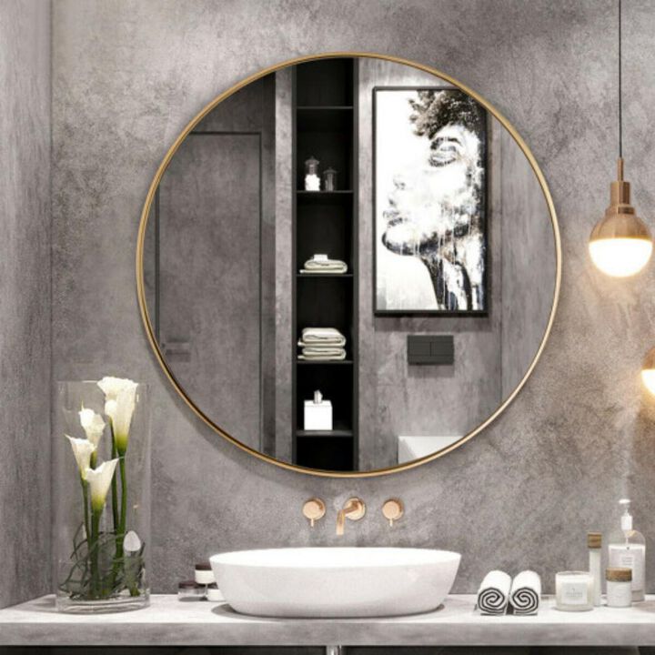 27.5" Modern Metal Wall-Mounted Round Mirror for Bathroom