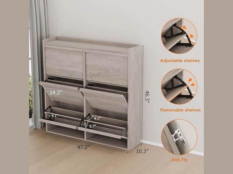 Slim Entryway Wood Shoe Storage Cabinet Flip Drawer Adjustable Shelves Gray image number 2