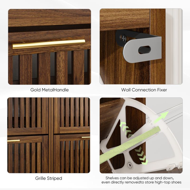 Clihome 23.6-inch Walnut Shoe Cabinet, Medieval Modern Independent Shoe Cabinet, Fence Shoe Cabinet With 2 Flip Drawers, Suitable For Corridors And Entrances