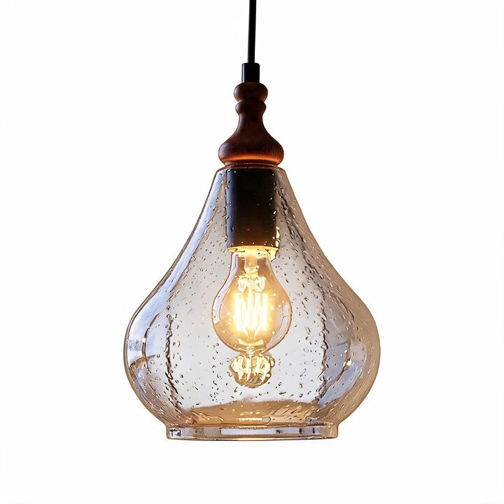 Farmhouse Seeded Glass Teardrop Pendant Lights, Wood Accent, Set of Three