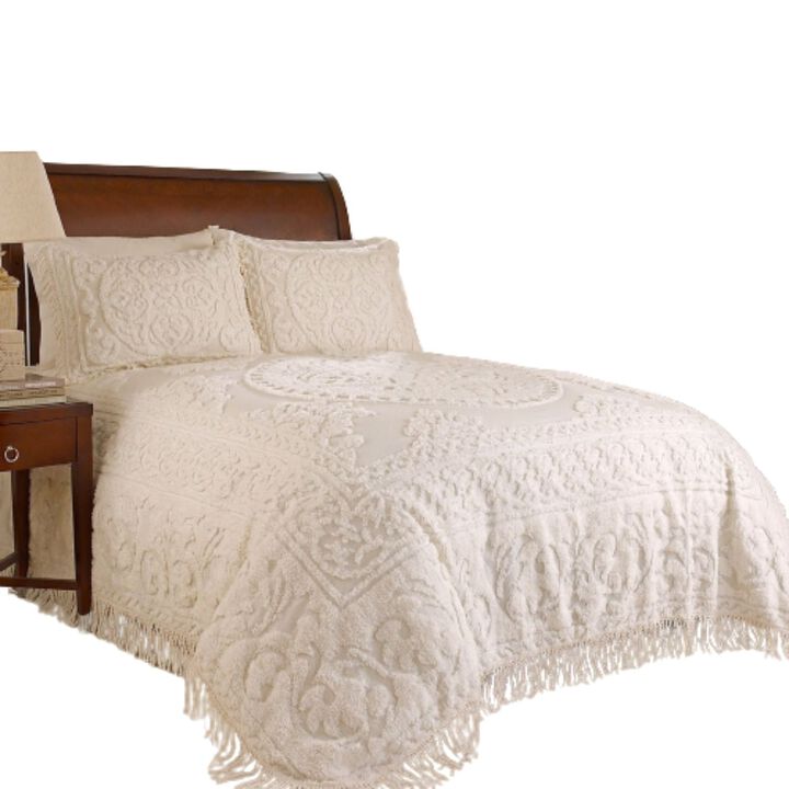 QuikFurn King size 100% Cotton Chenille Bedspread in White Ivory Light Beige Ecru with Fringe Sides