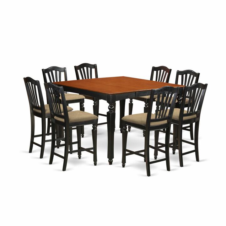 East West Furniture CHEL9-BLK-C 9 PC counter height set- Square pub Table and 8 Kitchen counter Chairs