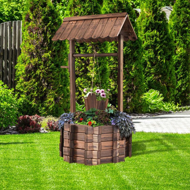 Hivvago Outdoor Wooden Wishing Well Planter Bucket