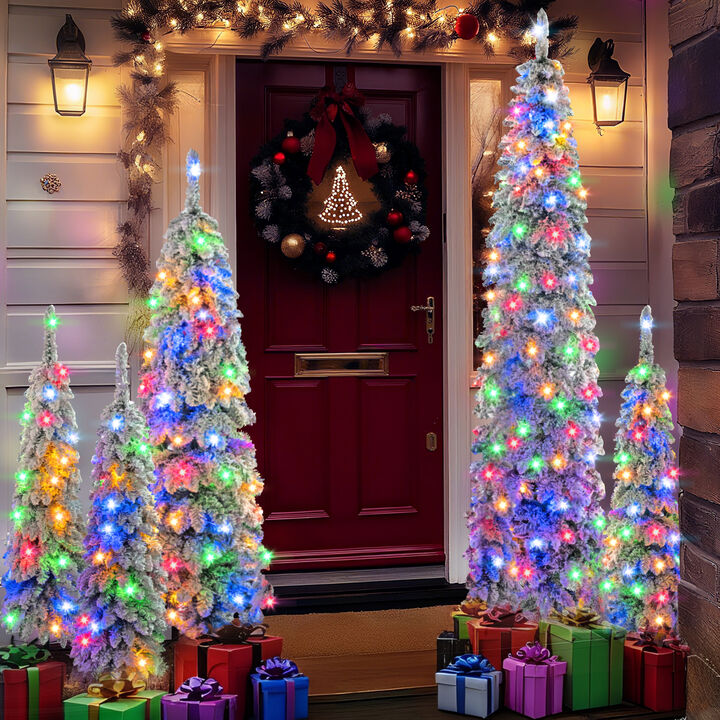 Whisen 8FT, 6FT, 4FT x 3 Pre-Lit Pencil Christmas Trees, 5-set Slim Artificial Christmas Tree With Snow Flocking, Xmas Holiday Decoration Tree, 1820 Branch Tips, 350 LED Lights