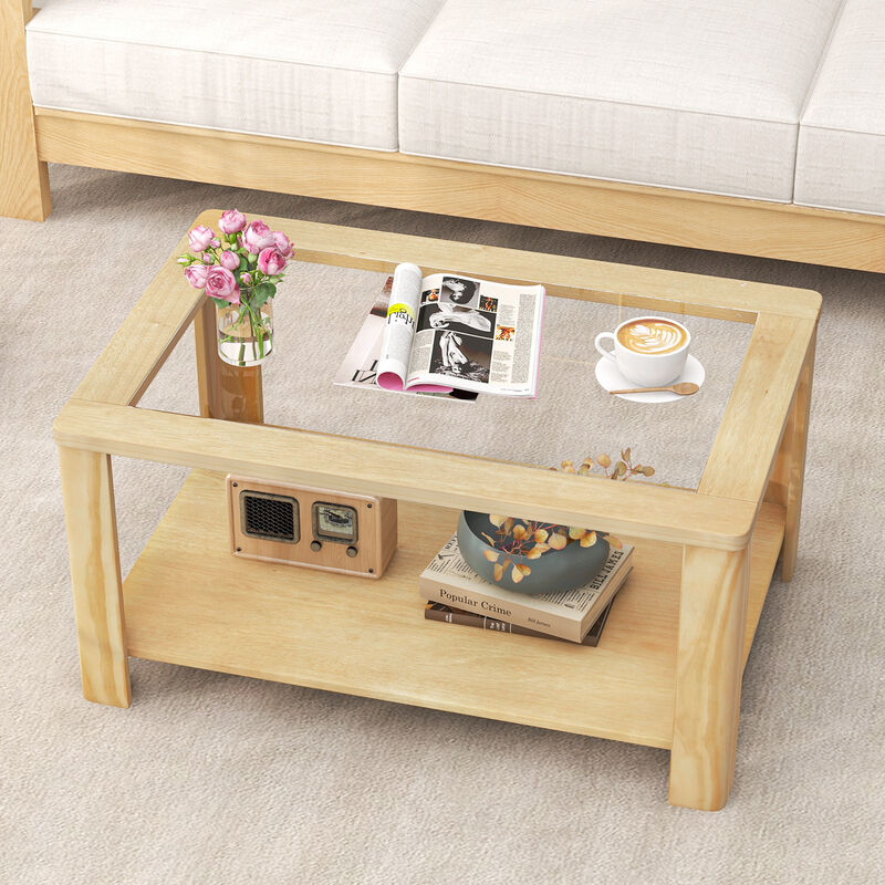 2-Tier Rectangular Coffee Table with Tempered Glass Top and Storage Shelf Stylish Center Table