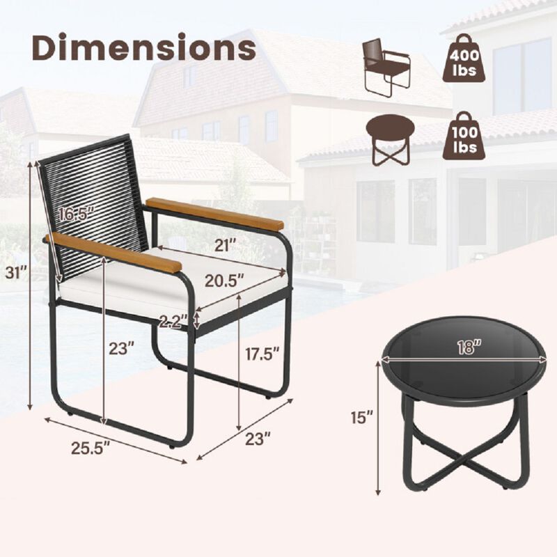 PE Rattan Patio Set, 3 Pieces with Chairs and Round Glass Table-White image number 2
