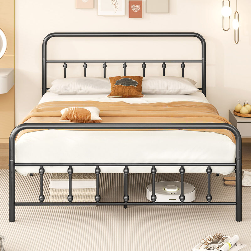 Metal Bed Frame with Storage Space Underneath and Attached Headboard