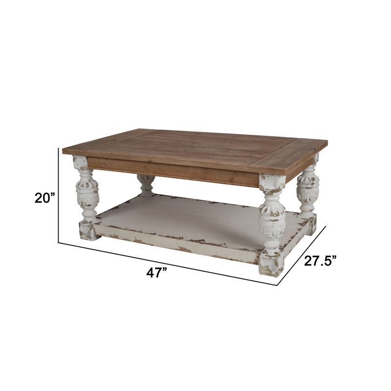 47 Inch Classic Coffee Table, Rectangular, Carved Leg, Bottom Shelf, Brown