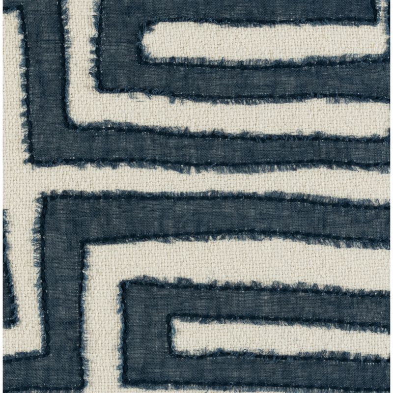 22 Inch Square Accent Throw Pillow, Hand Stitched Applique in Blue, Ivory - Benzara