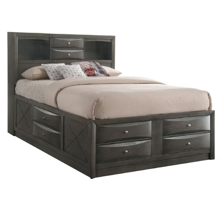 Contemporary Style Queen Size Wooden Storage Bed with Eight Spacious Drawers, Brown - Benzara