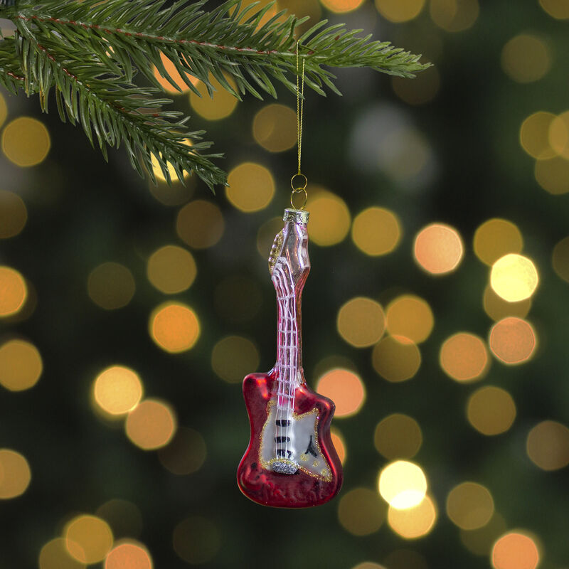 6" Red and Silver Glass Bass Guitar Christmas Ornament