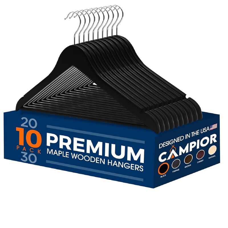 Wooden Clothes Hangers - 10 Pack, Durable, Non-Slip, Space-Saving Hangers for Dresses, Coats, and More, Holds Up to 10 lbs with 360&deg; Swivel Hook, Black Finish