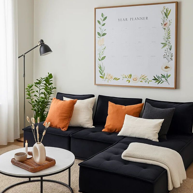 Alaya 5pc Foam Modular Sectional Sofa with Ottoman, Black Velvet Upholstery