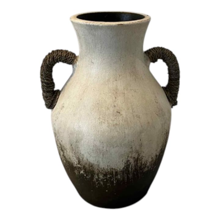 15x10" Clay Vase With Rope Handles, White/brown