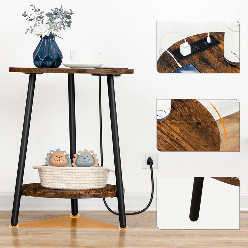 Round Side Table with Charging Station, 2 Tier End Table with Storage Shelves image number 4