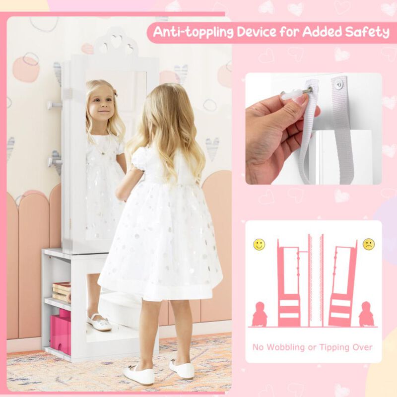 Hivvago Princess Vanity Table and Stool Set Freestanding Jewelry Cabinet Armoire with Full-Length Mirror