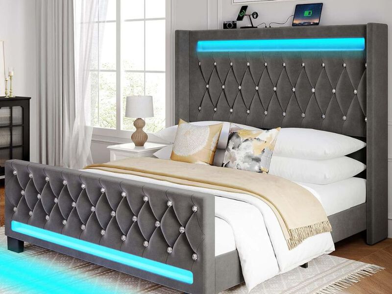 Queen Bed Frame With Led Light And Charging Station, Upholstered High Headboard And Footboard, Wood Slats, Noise Free, Easy Assembly, Grey