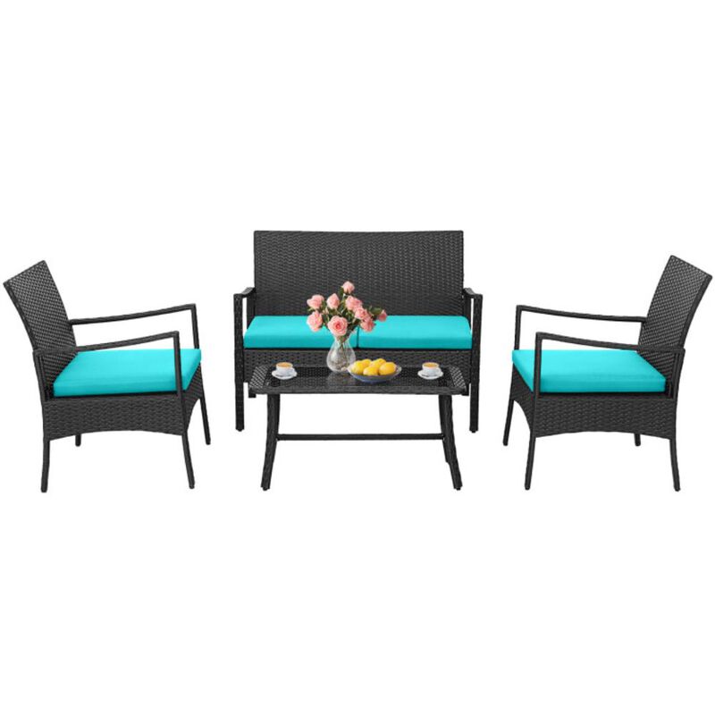 Hivvago 4 Pieces Outdoor Rattan Conversation Set with Tempered Glass Coffee Table