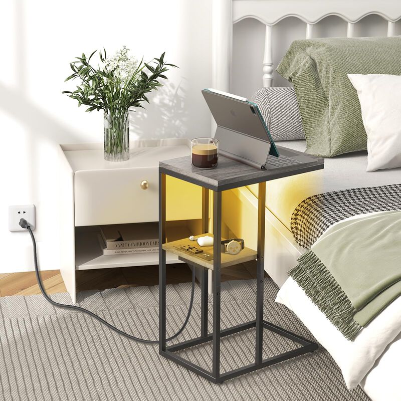 Yoobure LED C Shaped End Table with Charging Station, Small Side Tables for Living Room Bedroom, TV Tray Table with USB Ports an