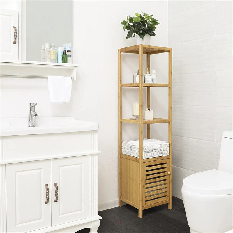 Bamboo Bathroom Storage Cabinet Tall Slim Cabinet w/ Shutter Door 4 Tier Shelves image number 6