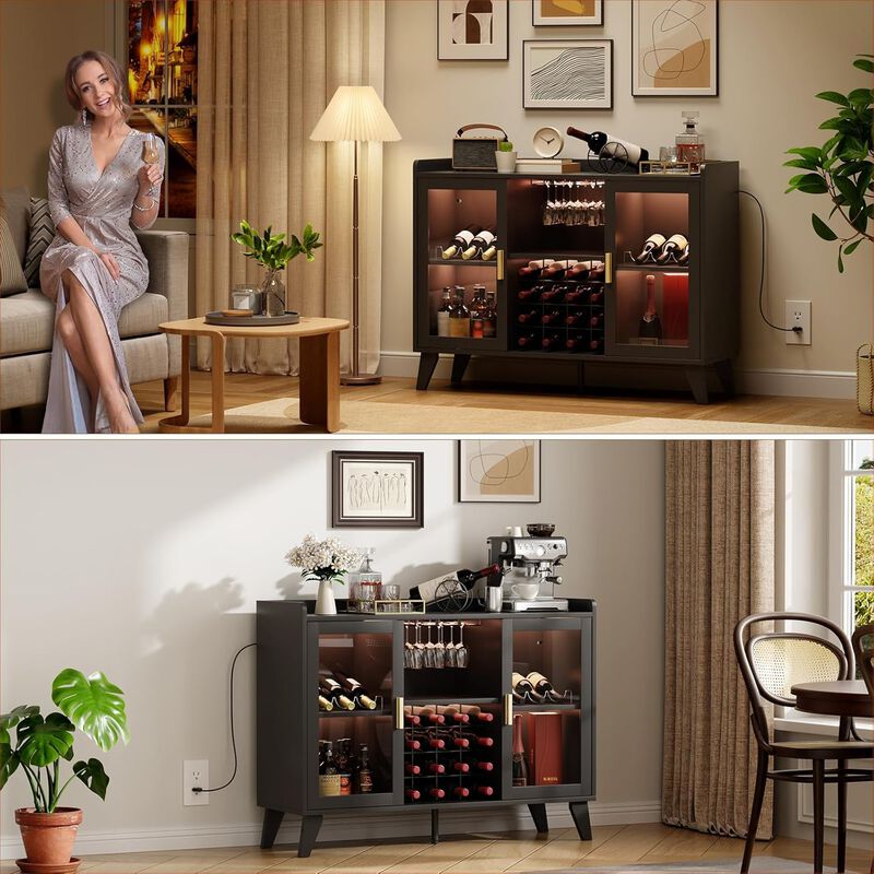 Wine Bar Cabinet with LED Light, 47in Home Coffee Cabinet with 16-grid Wine Rack, Glass Holder, Black image number 5